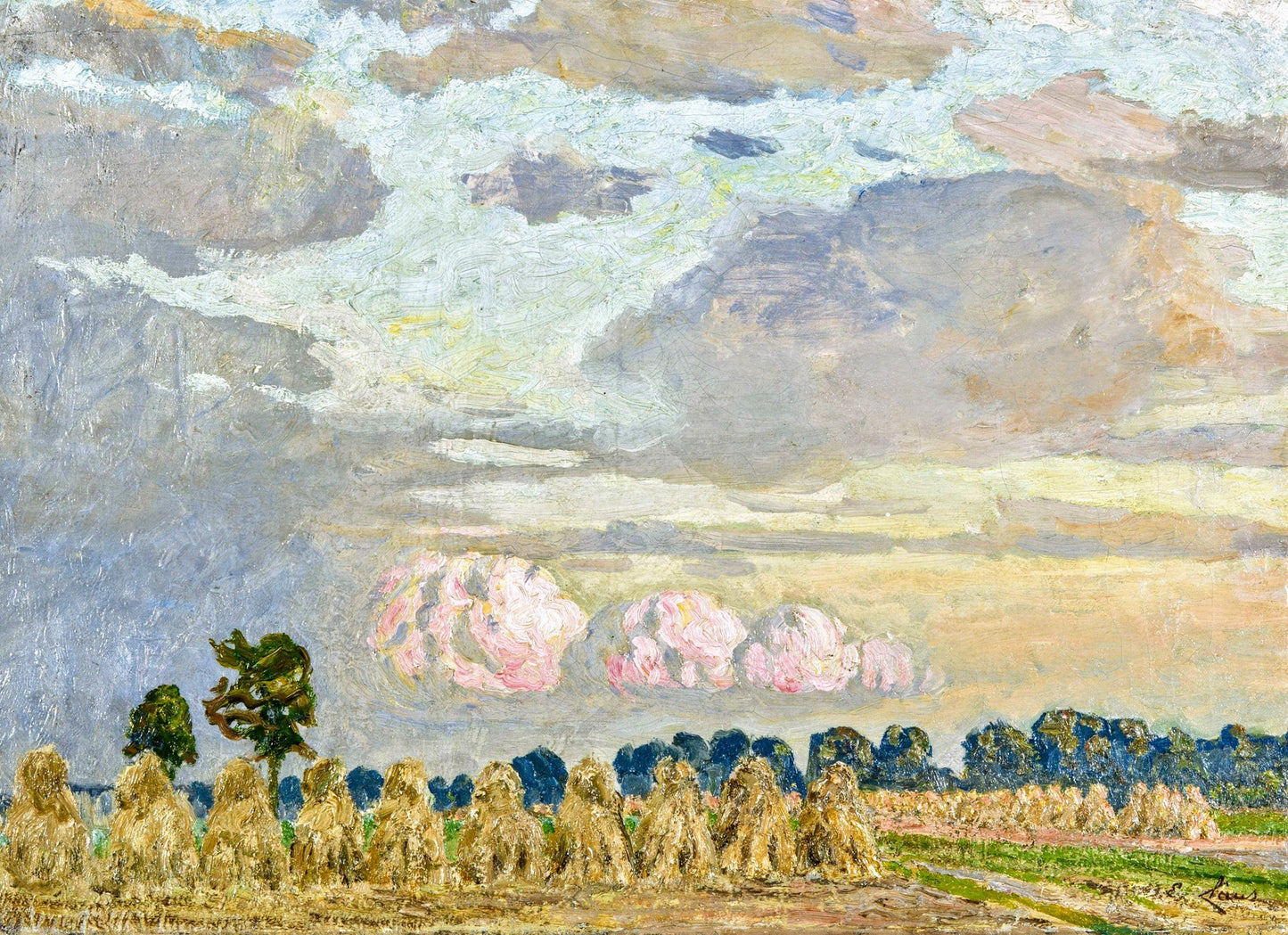 Gerbes le soir - nuages, vintage artwork by Emile Claus, 12x8" (A4) Poster