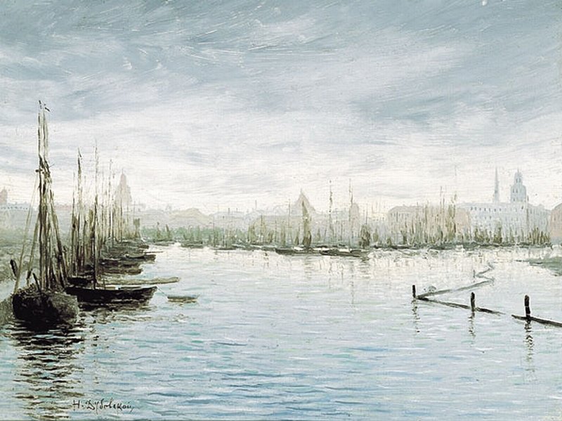 Riga Harbour, vintage artwork by Nikolai Nikanorovich Dubovskoy, 12x8" (A4) Poster