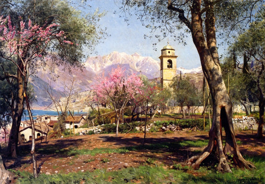 St. Andrea Church in Torbole, vintage artwork by Peder Mork Mønsted, 12x8" (A4) Poster