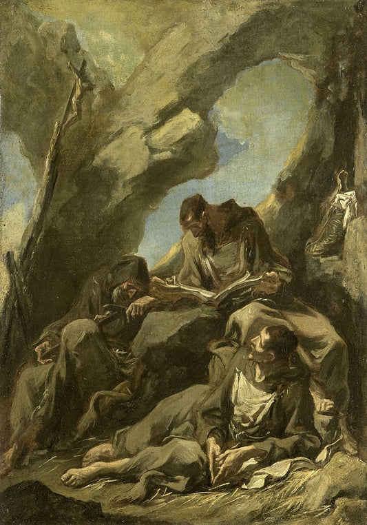 Three Camaldolese Monks in Meditative Prayer, vintage artwork by Alessandro Magnasco, 12x8" (A4) Poster