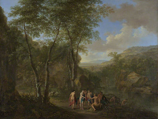 Landscape with the Judgement of Paris, vintage artwork by Cornelis van Poelenburgh, 12x8" (A4) Poster