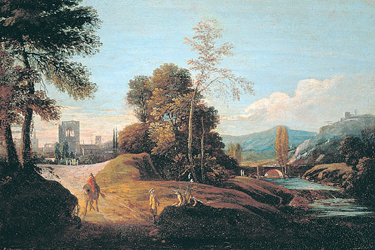 River Landscape with Wayfarers, vintage artwork by Marco Ricci, 12x8" (A4) Poster