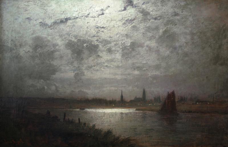 View of Lübeck in the Moonlight, vintage artwork by Louis Douzette, 12x8" (A4) Poster