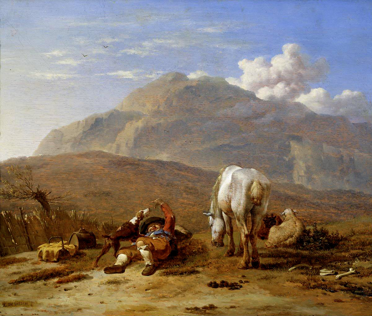 Italian Landscape with a Young Shepherd Playing with his Dog, vintage artwork by Carel Dujardin, 12x8" (A4) Poster