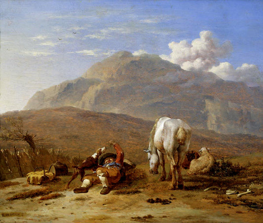 Italian Landscape with a Young Shepherd Playing with his Dog, vintage artwork by Carel Dujardin, 12x8" (A4) Poster