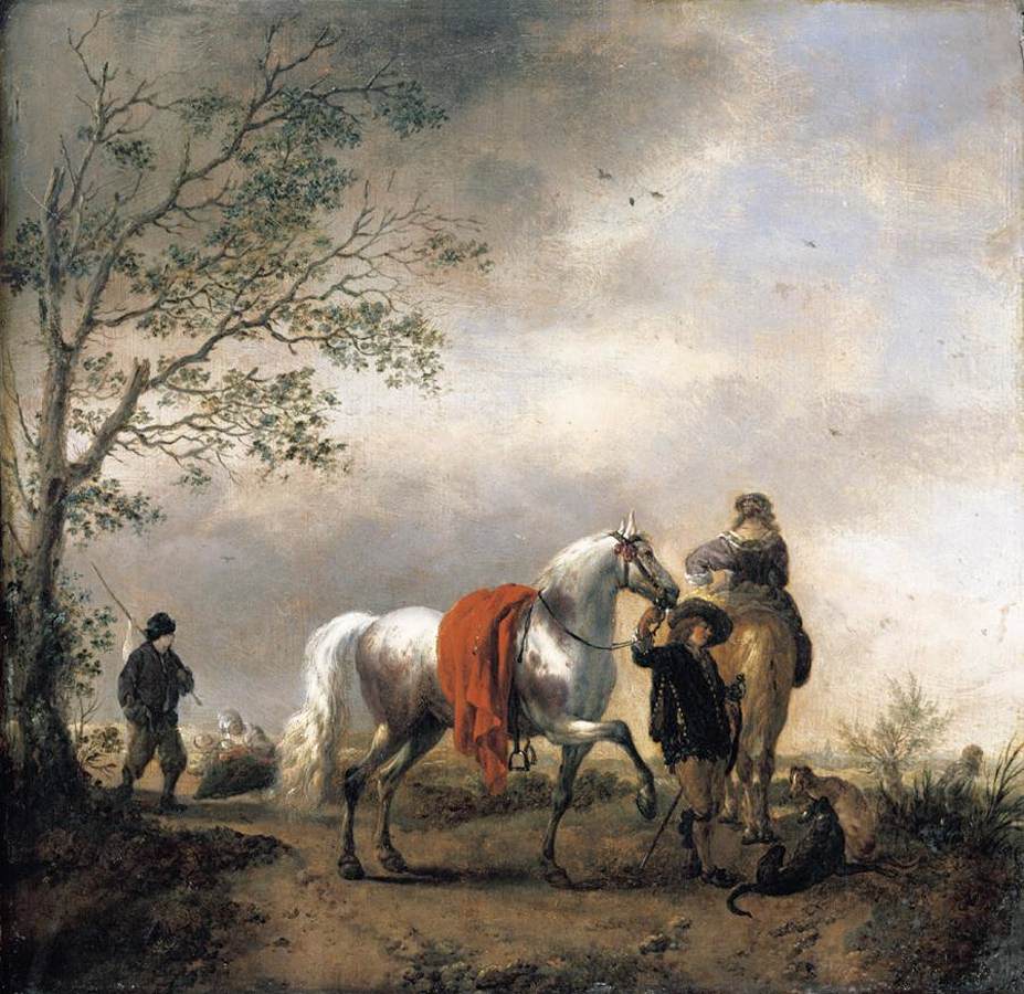 Cavalier Holding a Dappled Grey Horse, vintage artwork by Philips Wouwerman, 12x8" (A4) Poster
