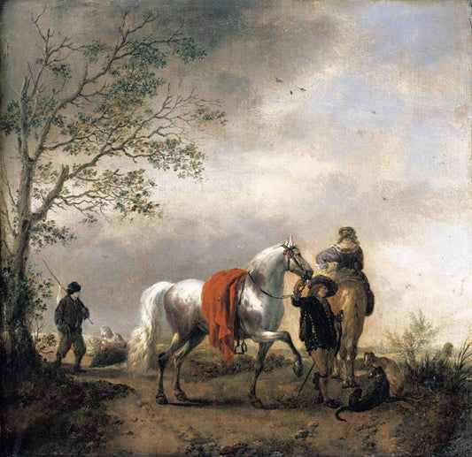 Cavalier Holding a Dappled Grey Horse, vintage artwork by Philips Wouwerman, 12x8" (A4) Poster