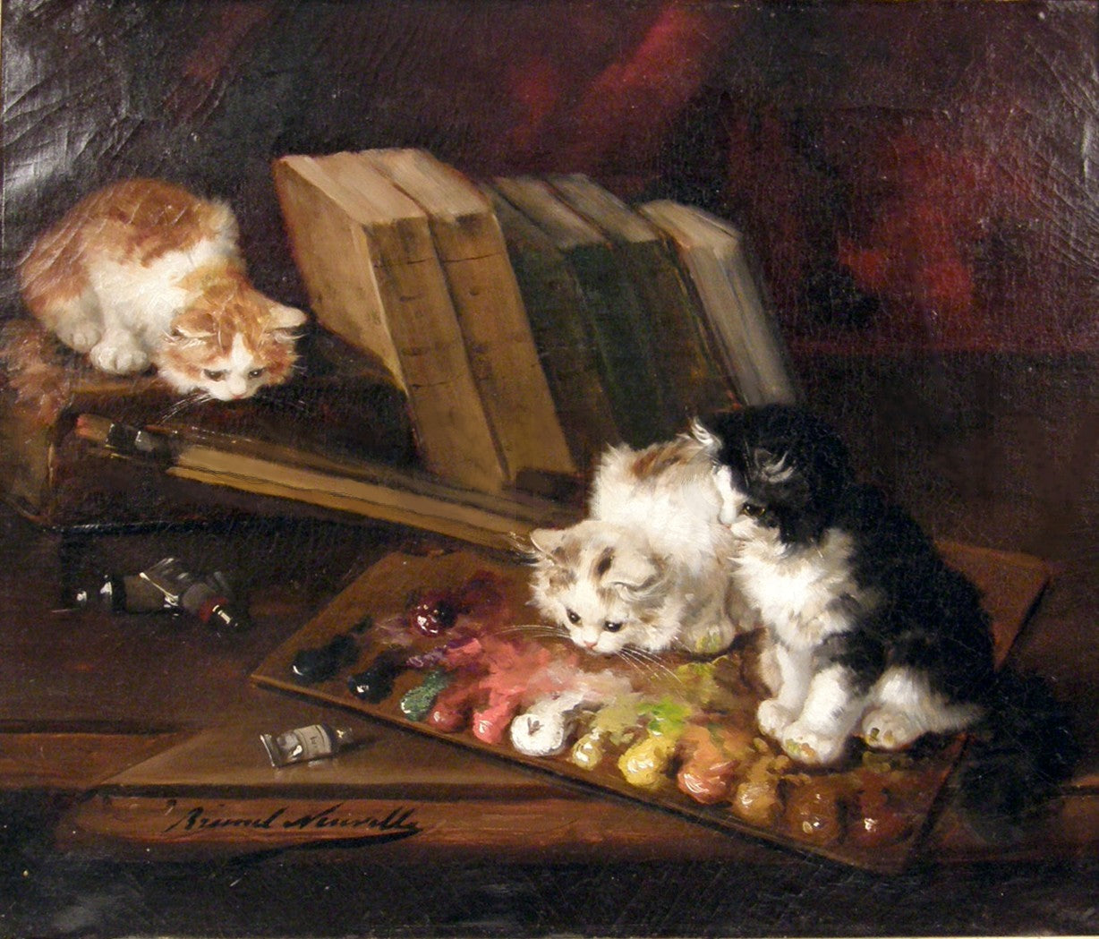three kittens in an artist's studio, vintage artwork by Alfred Brunel de Neuville, 12x8" (A4) Poster