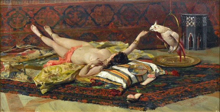 Woman with Parrot, vintage artwork by Fabio Cipolla, 12x8" (A4) Poster