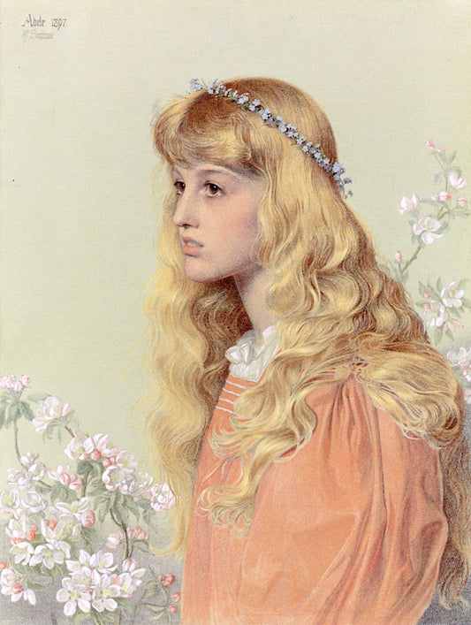 Portrait of Adele Donaldson, half-length, with Forget-me-nots in Her Hair, vintage artwork by Anthony Frederick Sandys, 12x8" (A4) Poster