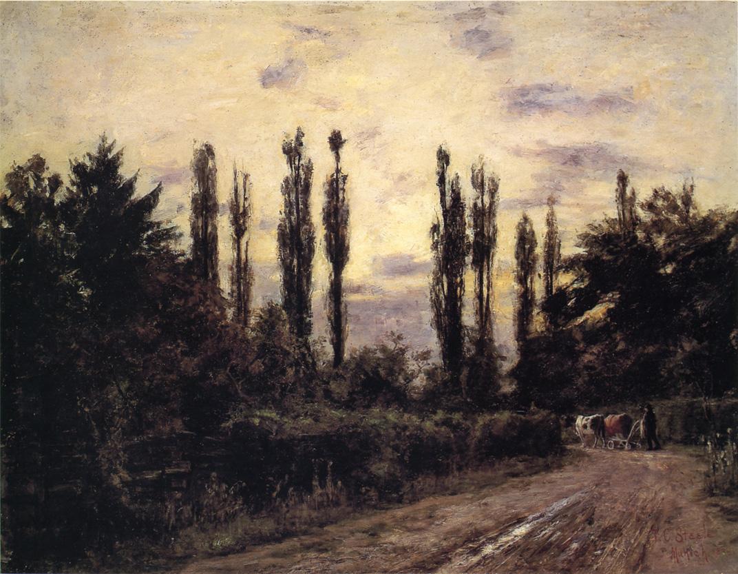 Evening, Poplars and Roadway near Schleissheim, vintage artwork by Theodore Clement Steele, 12x8" (A4) Poster