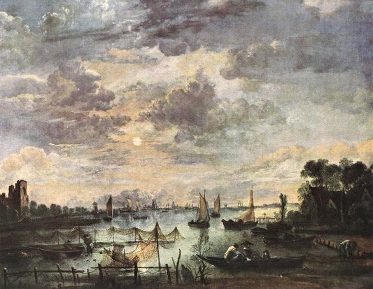 Fishing at Moonlight, vintage artwork by Aert van der Neer, 12x8" (A4) Poster