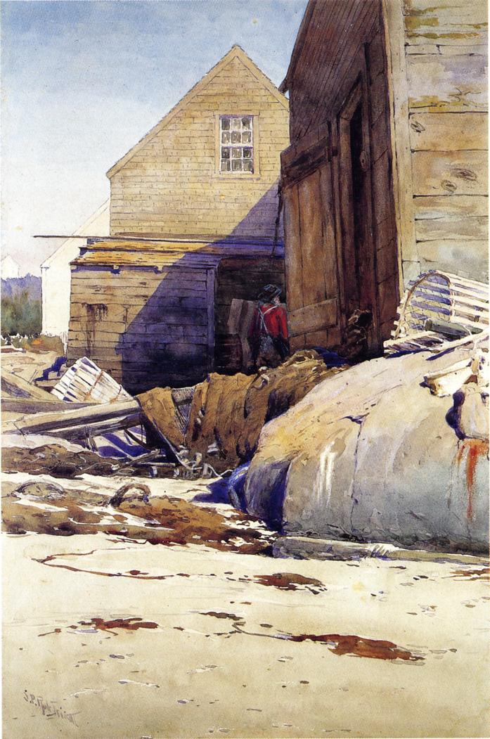 Fish Houses and Beach, vintage artwork by Samuel P. R. Triscott, 12x8" (A4) Poster