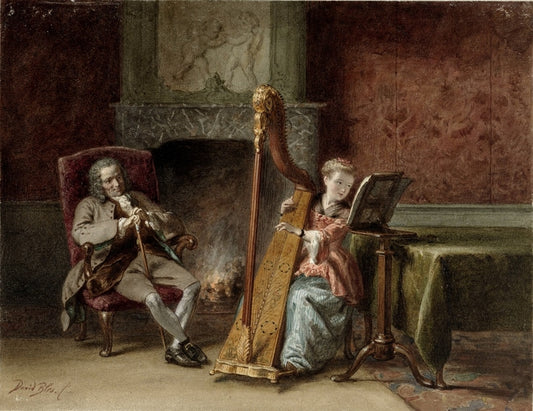 Interior with a Girl Playing the Harp and a Gentleman Watching, vintage artwork by David Bles, A3 (16x12") Poster Print