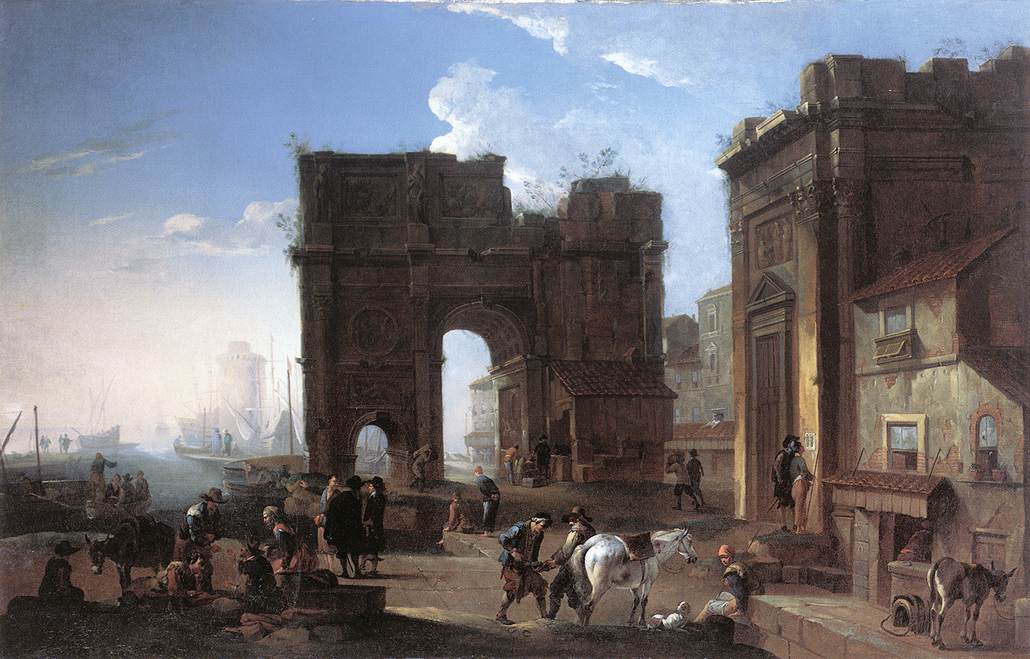 Harbour View with Triumphal Arch, vintage artwork by Alessandro Salucci, 12x8" (A4) Poster