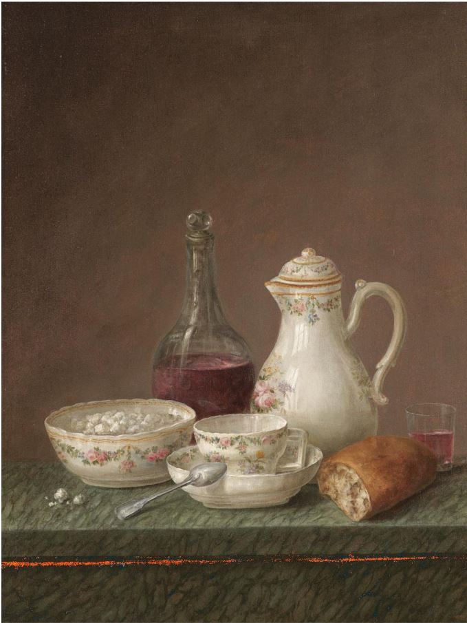 A still life with a carafe of wine, teapot, a bowl of sugar and a piece of bread on a marble ledge, vintage artwork by Claude-Joseph Fraichot, 12x8" (A4) Poster