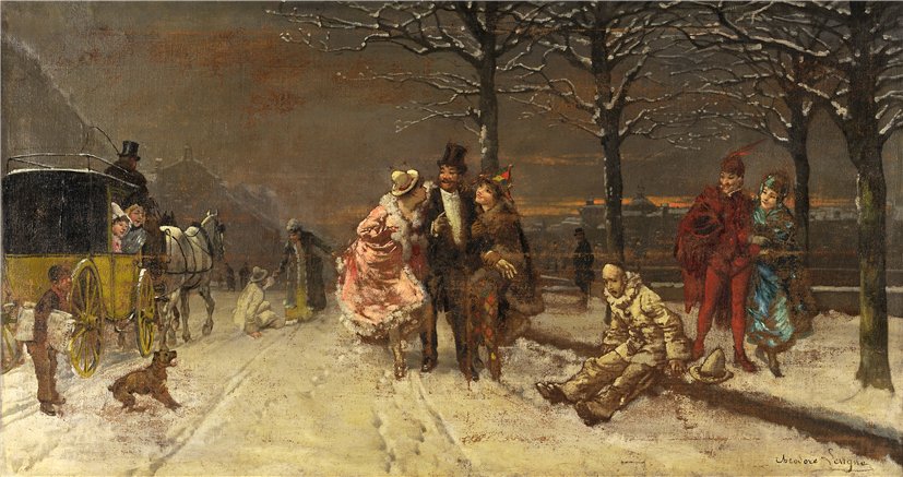 Retour du bal masque sur les quais du Rhône, vintage artwork by Theodore Levigne, 12x8" (A4) Poster