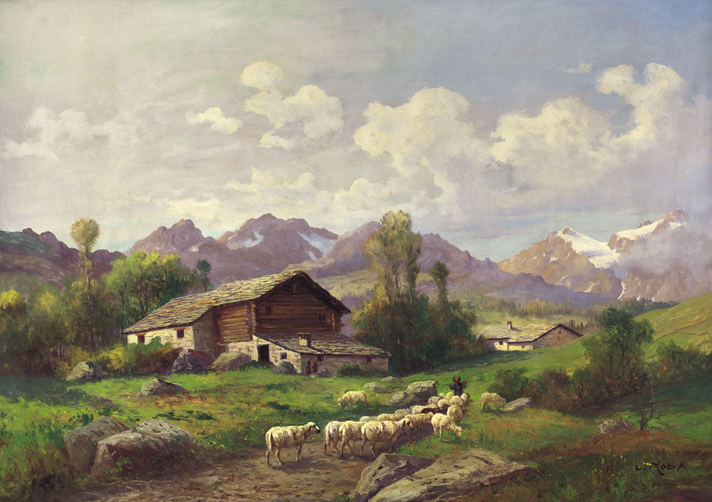 A Mountain Landscape with Sheep Grazing by Leonardo Roda,A3(16x12")Poster