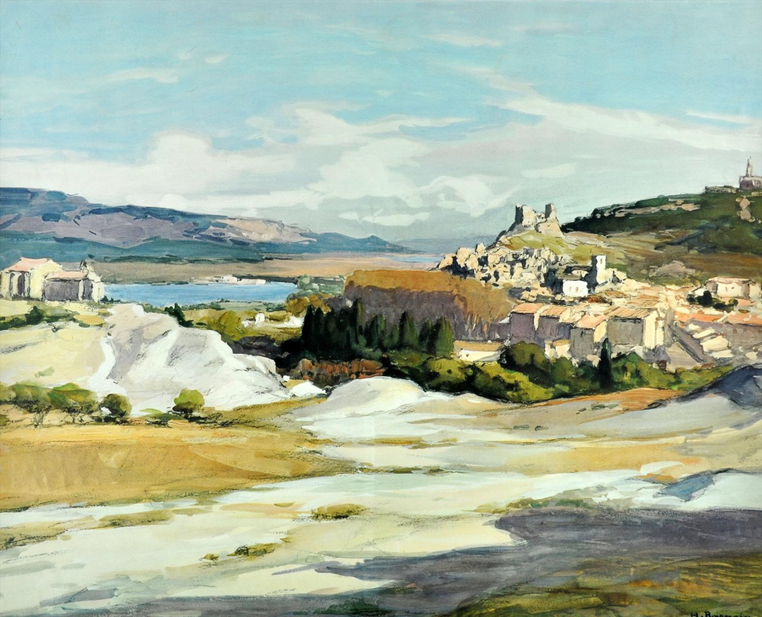 Village View, vintage artwork by Henri Alphonse Barnoin, 12x8" (A4) Poster