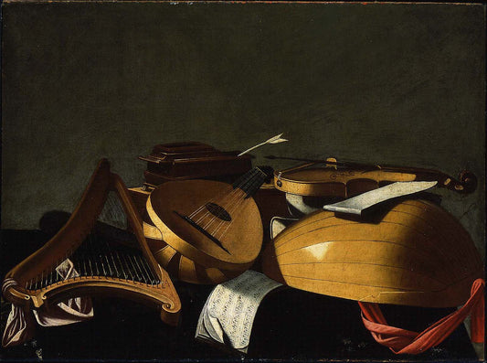 Musical Instruments, vintage artwork by Attributed to Evaristo Baschenis, 12x8" (A4) Poster