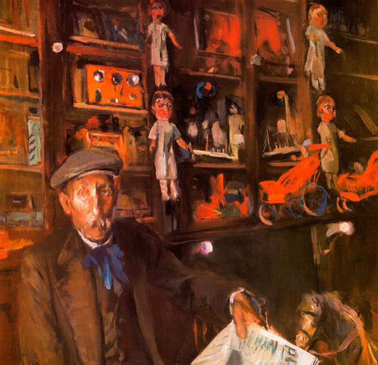 Antoni Estalella Trinxet, padre político del artista en su tienda de Vilanova, vintage artwork by Joaquin Mir  Trinxet, 12x8" (A4) Poster
