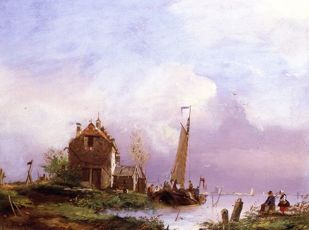 Dutch Scene with Barge, vintage artwork by Andreas Schelfhout, 12x8" (A4) Poster