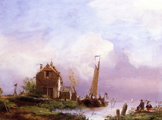 Dutch Scene with Barge, vintage artwork by Andreas Schelfhout, 12x8" (A4) Poster