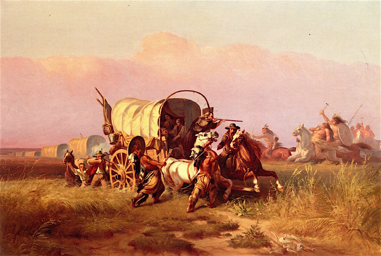 Attack on the Emigrant Train, vintage artwork by Thomas Hill, 12x8" (A4) Poster