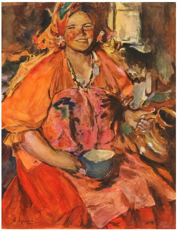 A Smiling Village Woman by Abram Efimovich Arkhipov,A3(16x12")Poster