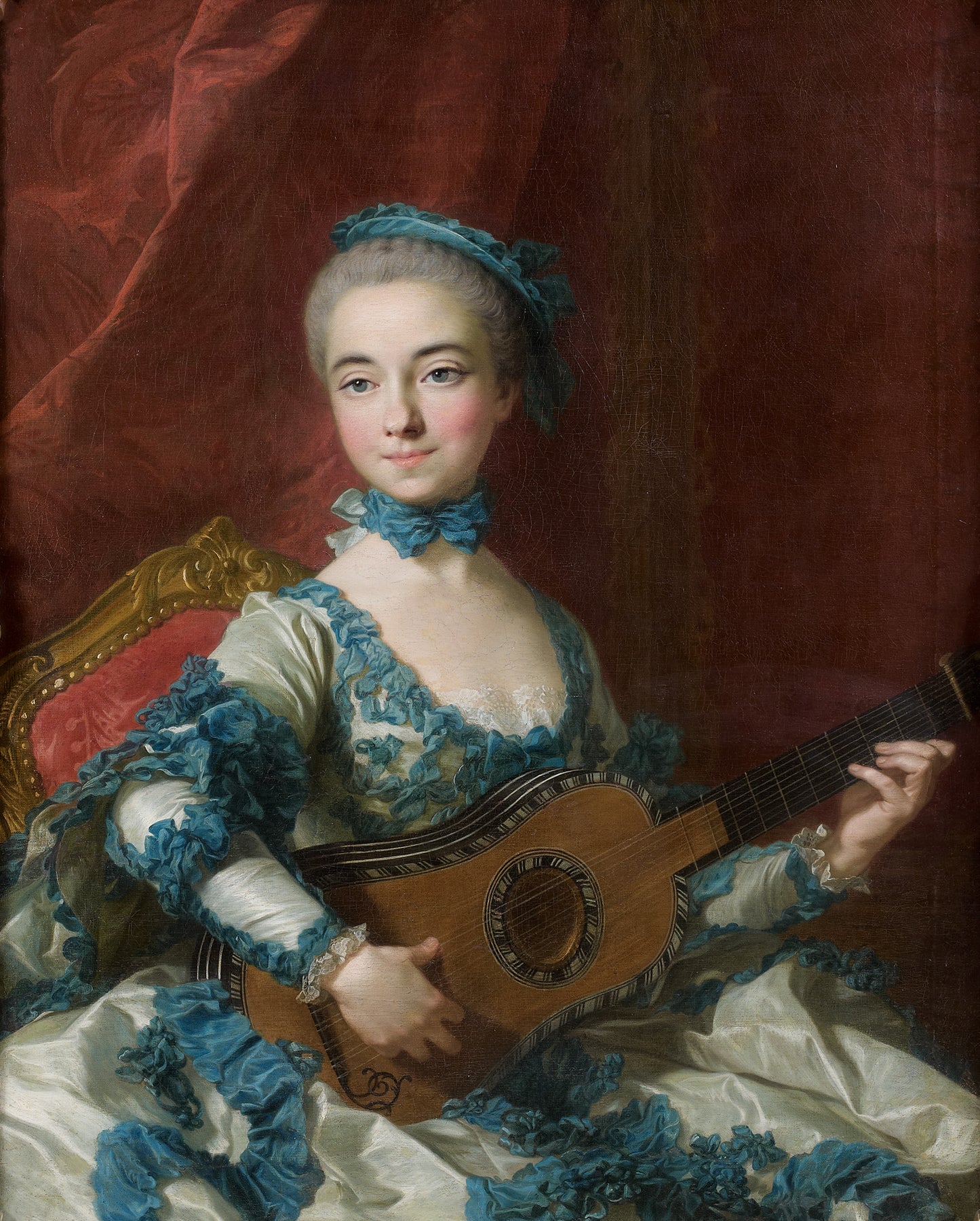 Portrait of a woman with guitar, vintage artwork by Louis-Michel Van Loo, 12x8" (A4) Poster