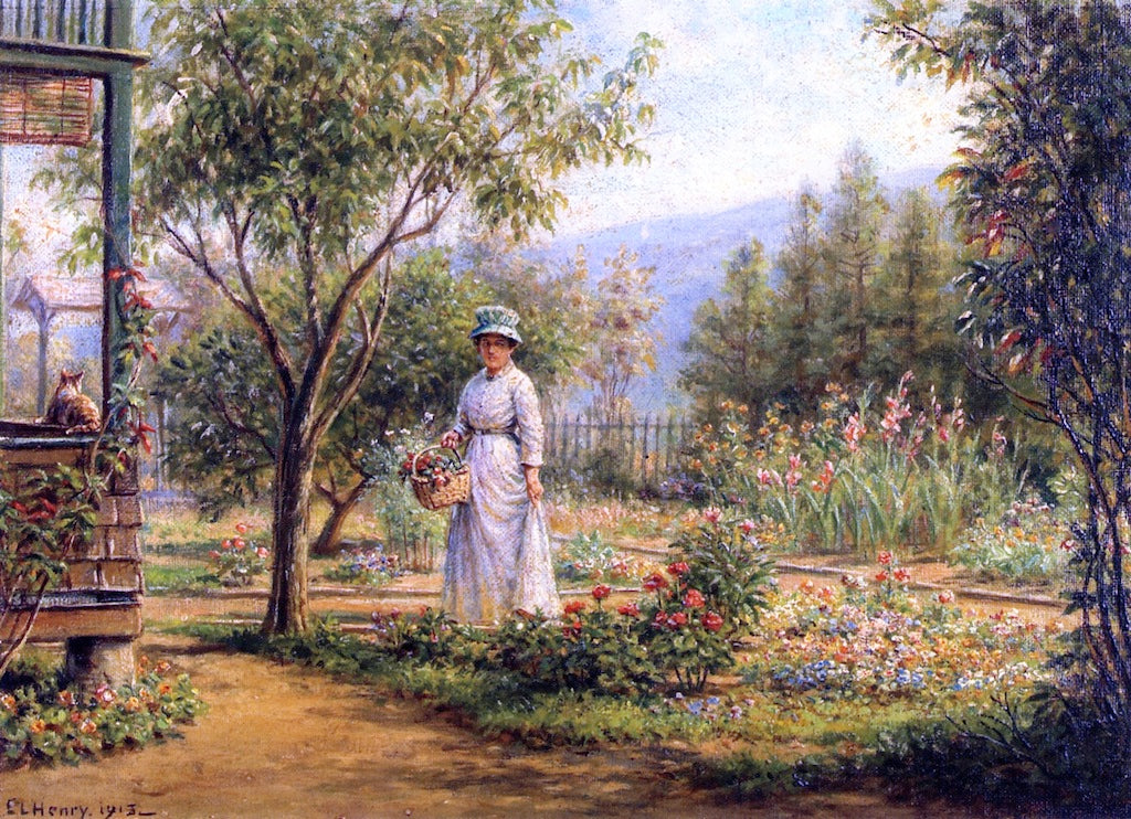 Gathering Flowers, vintage artwork by Edward Lamson Henry, 12x8" (A4) Poster