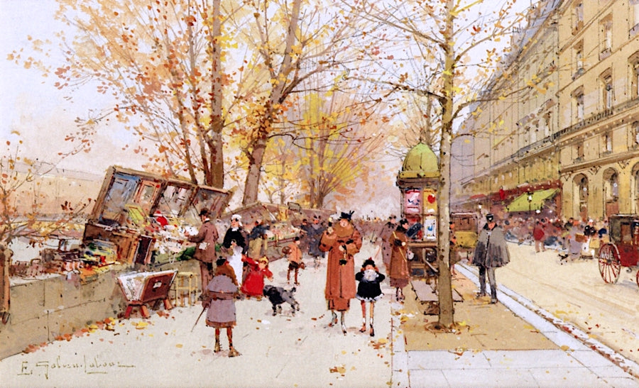 Booksellers, Quai du Louvre, Paris by Eugene Galien-Laloue,A3(16x12")Poster