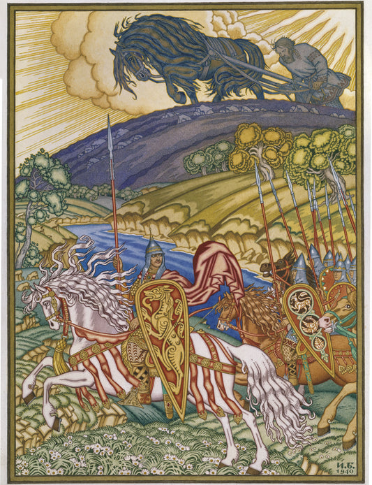 Volga and Mikula, vintage artwork by Ivan Yakovlevich Bilibin, 12x8" (A4) Poster