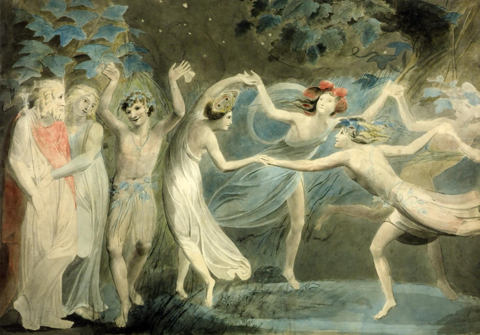 Oberon, Titania and Puck with Fairies Dancing, vintage artwork by William Blake, 12x8" (A4) Poster