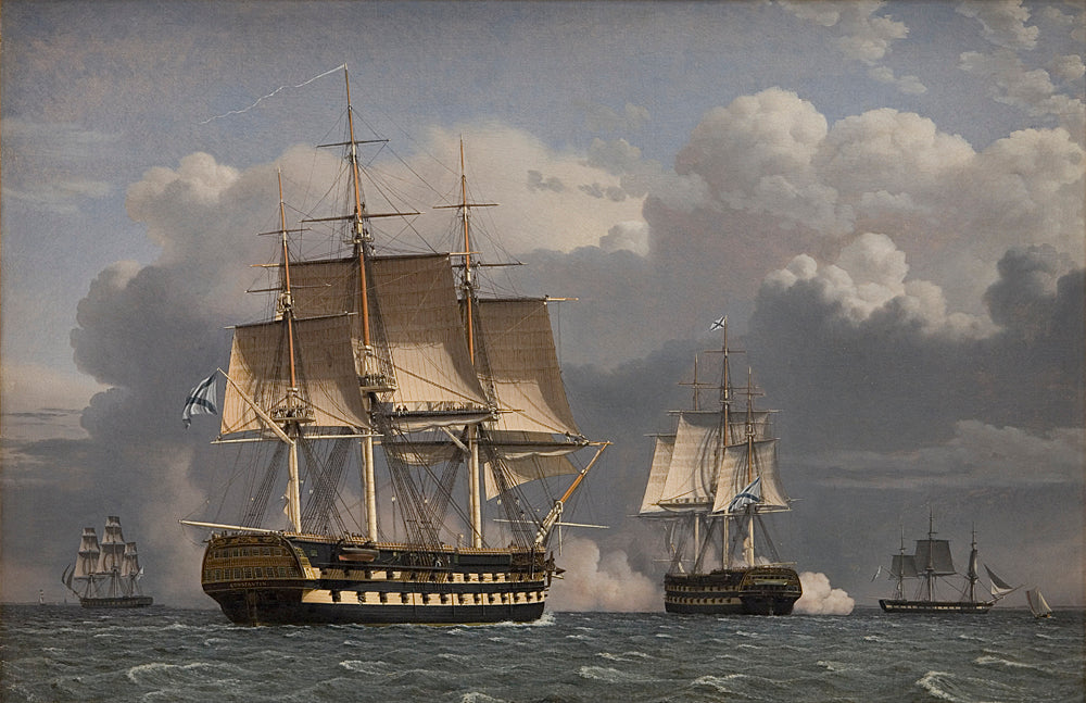 Two Russian Ships of the Line Saluting, vintage artwork by Christoffer Wilhelm Eckersberg, 12x8" (A4) Poster