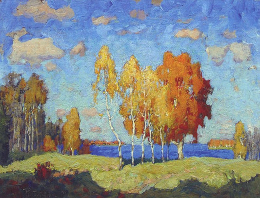 Autumn Landscape with Birches, vintage artwork by Konstantin Gorbatov, 12x8" (A4) Poster