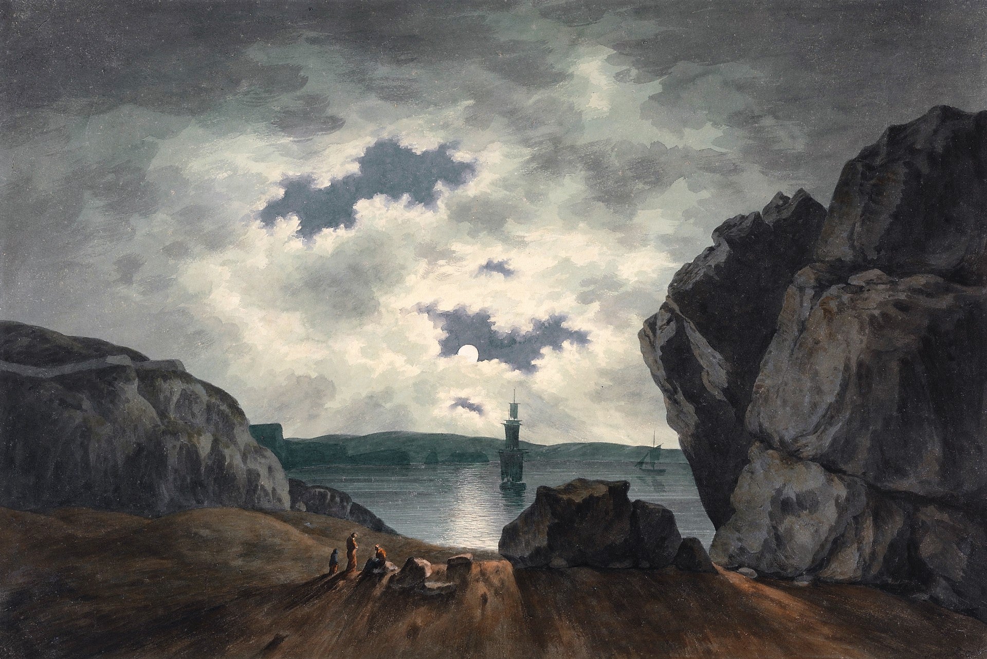 Bay Scene in Moonlight, vintage artwork by John Warwick Smith, 12x8" (A4) Poster