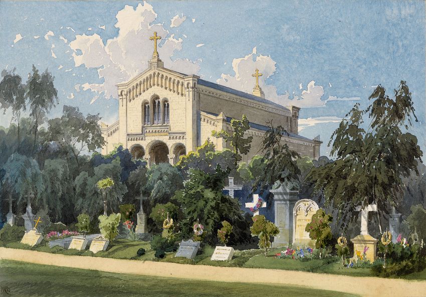 Coburg: gardens of the Ducal Mausoleum, with sculptured memorials, vintage artwork by Max Brückner, 12x8" (A4) Poster