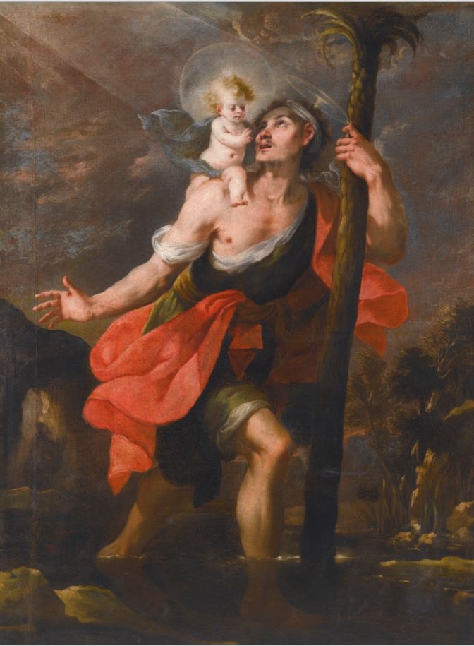 St. Christopher Carrying the Christ Child, vintage artwork by Mateo Cerezo the Younger, 12x8" (A4) Poster