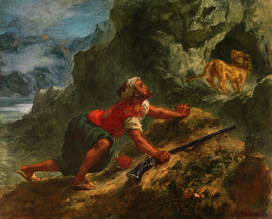 Arab Stalking a Lion, vintage artwork by Eugène Delacroix, A3 (16x12") Poster Print