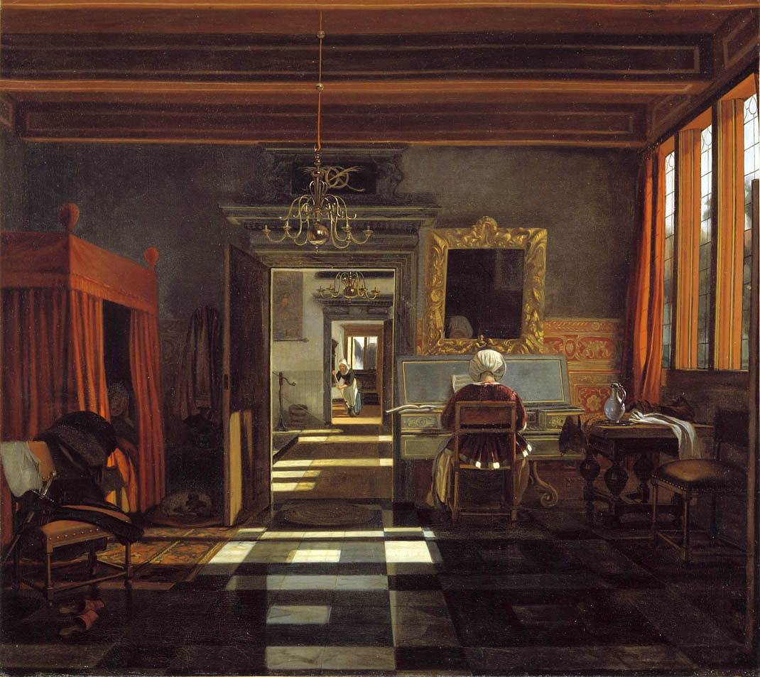 Interior with a Woman Playing a Virginal, vintage artwork by Emanuel de Witte, 12x8" (A4) Poster