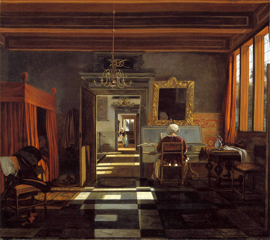 Interior with a Woman Playing a Virginal, vintage artwork by Emanuel de Witte, 12x8" (A4) Poster