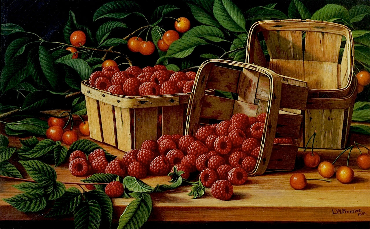 Cherries and Raspberries in a Basket by Levi Wells Prentice,A3(16x12")Poster