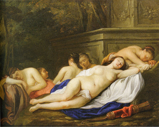 Diana and her Nymphs Sleeping, vintage artwork by Follower of Jacob Van Loo, 12x8" (A4) Poster