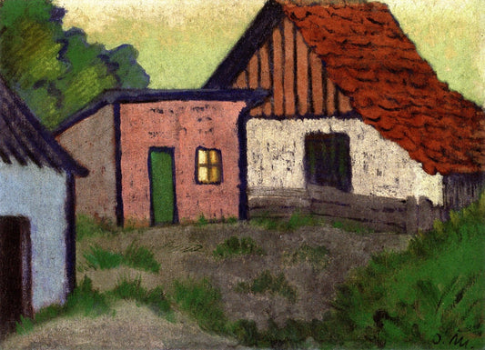 Three Cabins, One with Red Roof, vintage artwork by Otto Mueller, 12x8" (A4) Poster