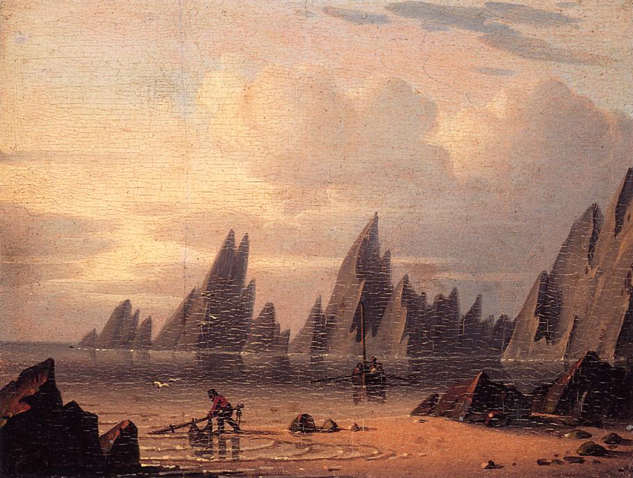 Needles, Rocks and Shore, Isle of Wight, vintage artwork by Robert Salmon, 12x8" (A4) Poster