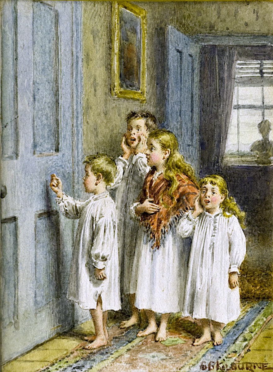 Four Children in Nightwear, vintage artwork by George Goodwin Kilburne, 12x8" (A4) Poster