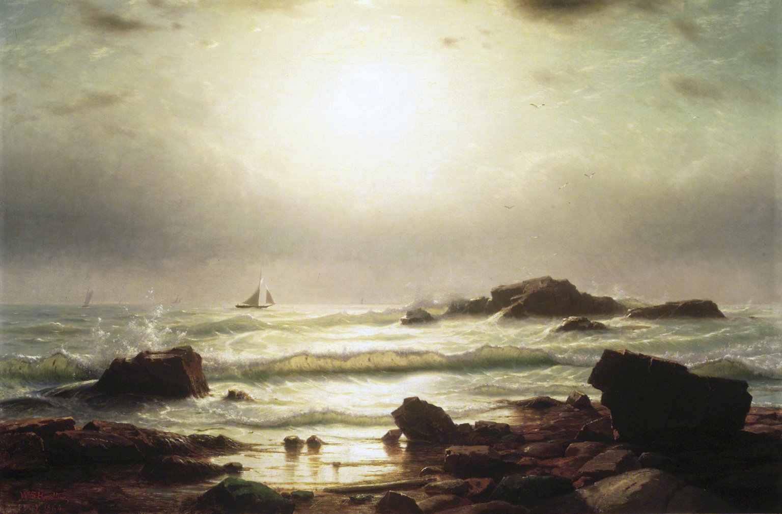 Sail Boats Off a Rocky Coast, vintage artwork by William Stanley Haseltine, 12x8" (A4) Poster