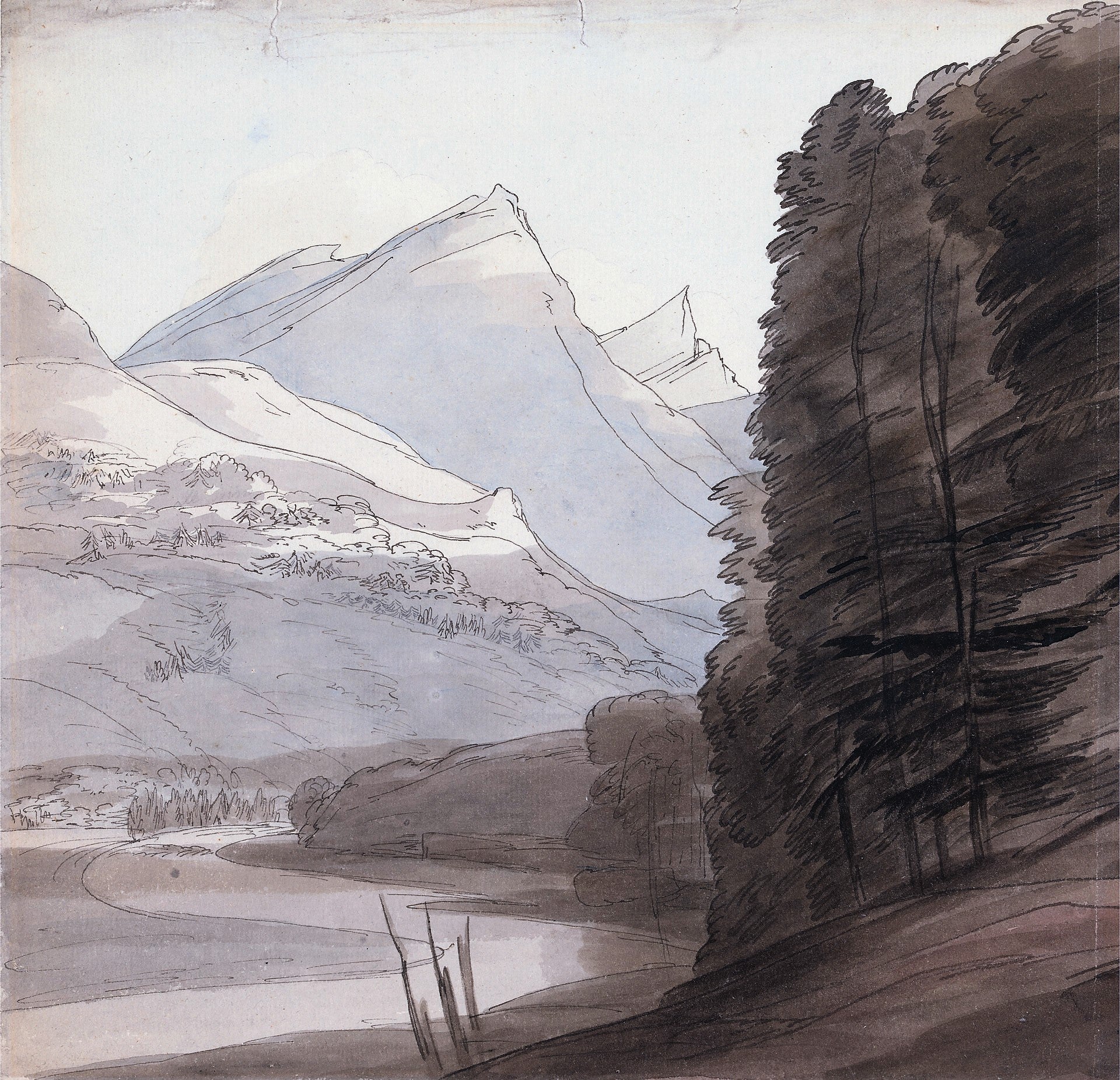 On the Side of the Rhine near the Source, Light Coming from the Right, vintage artwork by Francis Towne, 12x8" (A4) Poster