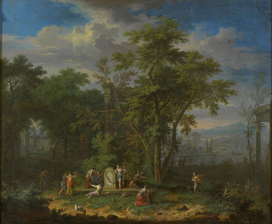 Arcadian Landscape with a Ceremonial Sacrifice, vintage artwork by Jan van Huysum, 12x8" (A4) Poster